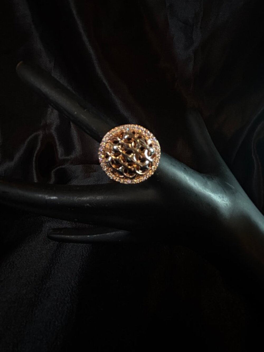 Joan Boyce Goldtone Oval Cocktail Ring With Rhinestone Accents & Openwork Design